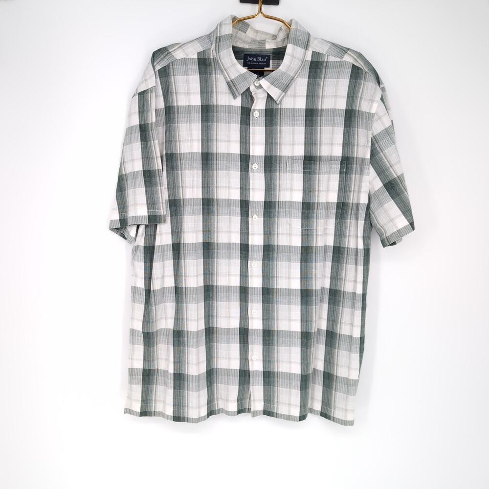 John Blair Mens Plaid Checkered Button Down Short Sleeve Shirt - Size L - GUC